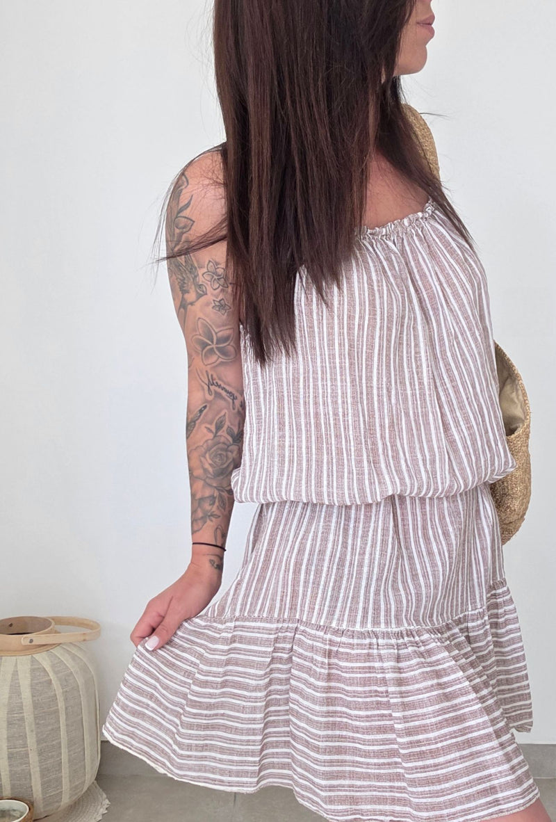 Robe courte rayures Mila Taupe & blanc