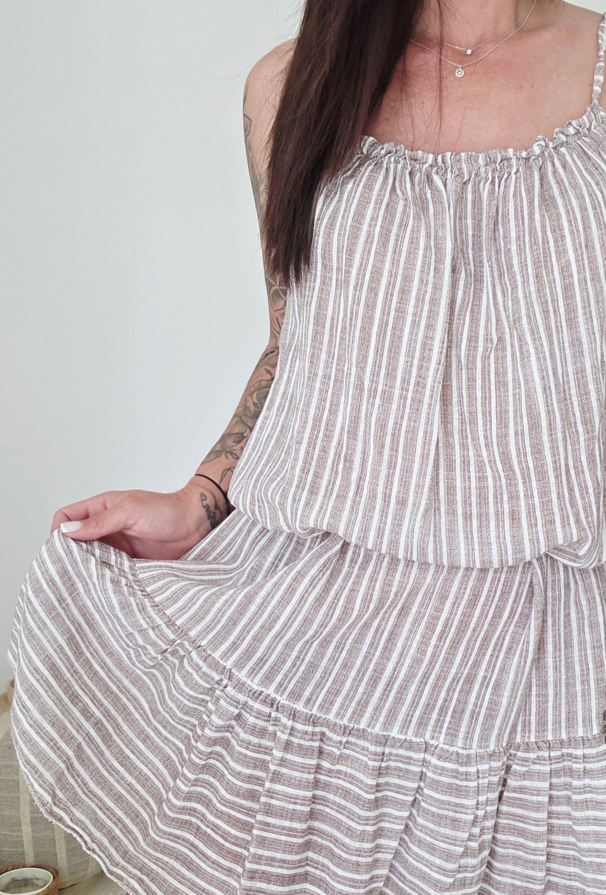 Robe courte rayures Mila Taupe & blanc