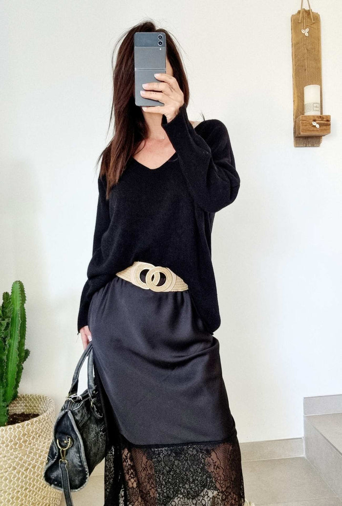 Jupe satinée CLELIA noir dentelle