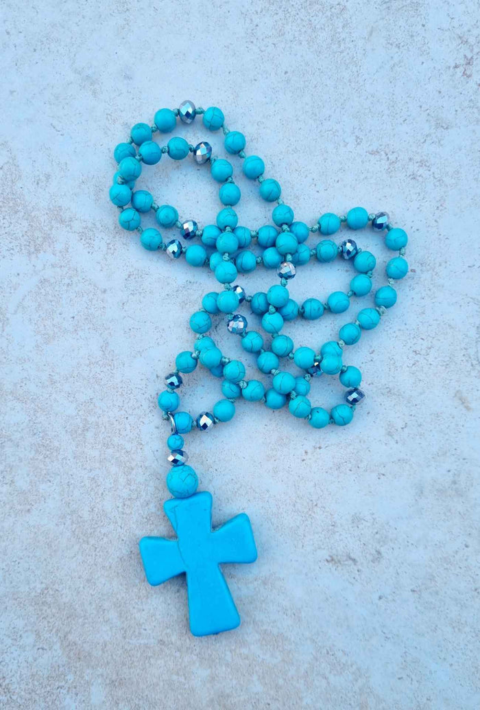 Collier long CROSS Bleu turquoise