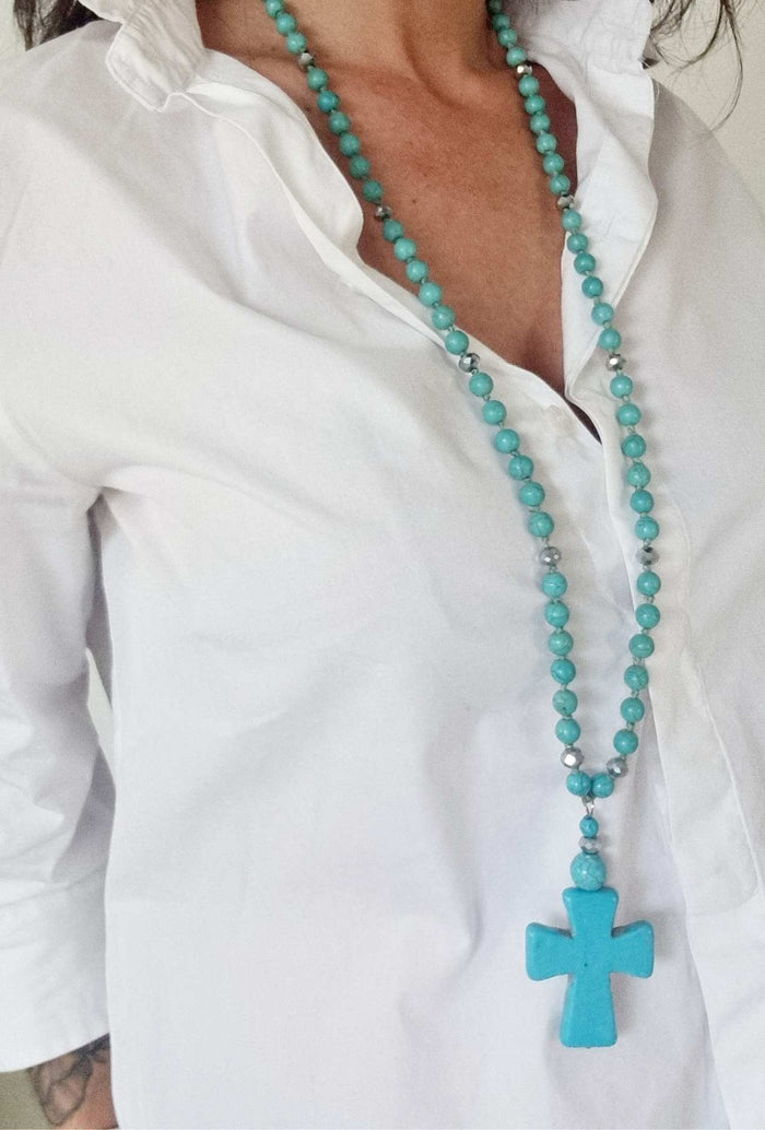 Collier long CROSS Bleu turquoise