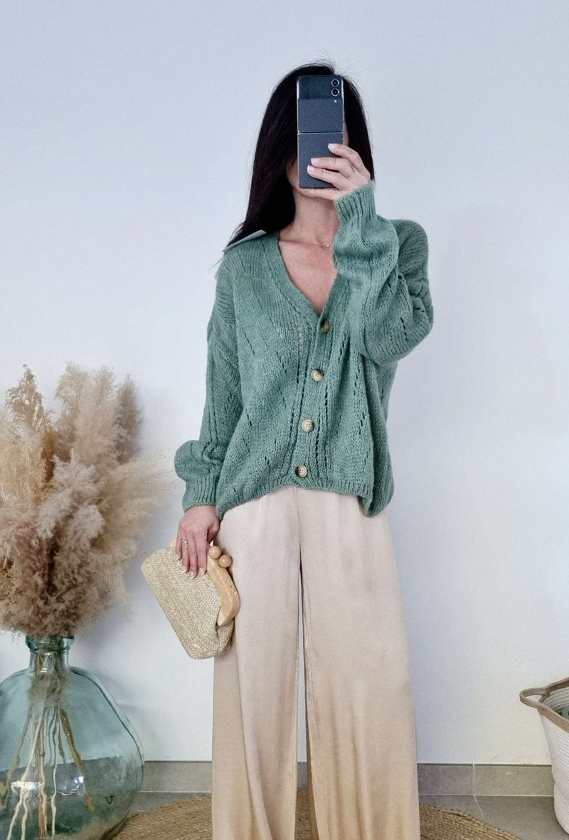 Pull gilet col V manches longues - ELYSE vert