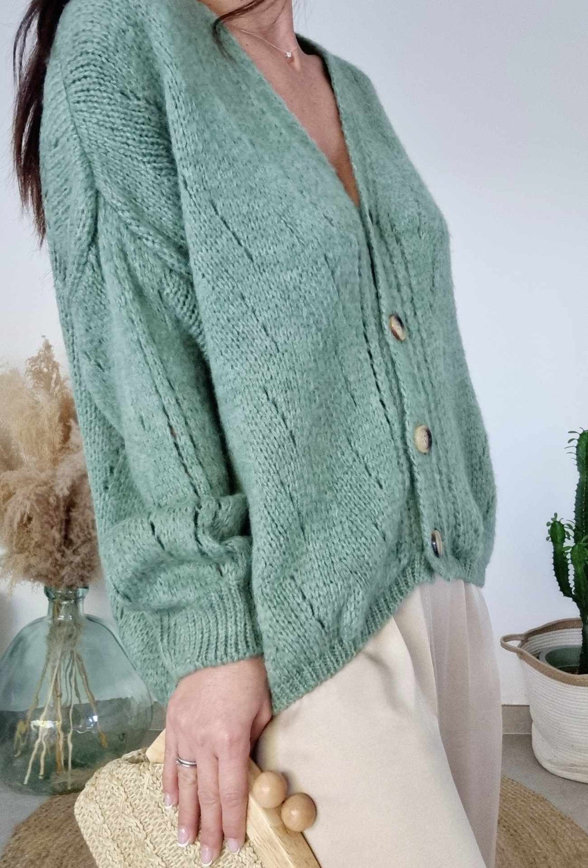 Pull gilet col V manches longues - ELYSE vert