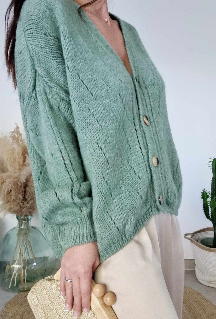 Pull gilet col V manches longues - ELYSE vert