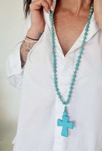 Collier long CROSS Bleu turquoise