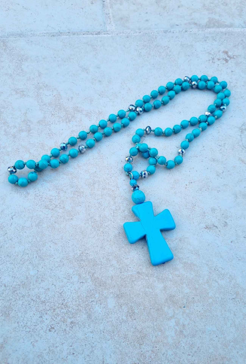Collier long CROSS Bleu turquoise