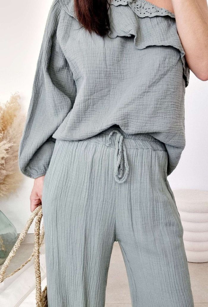 Pantalon Cathy en Gaze de Coton Kaki