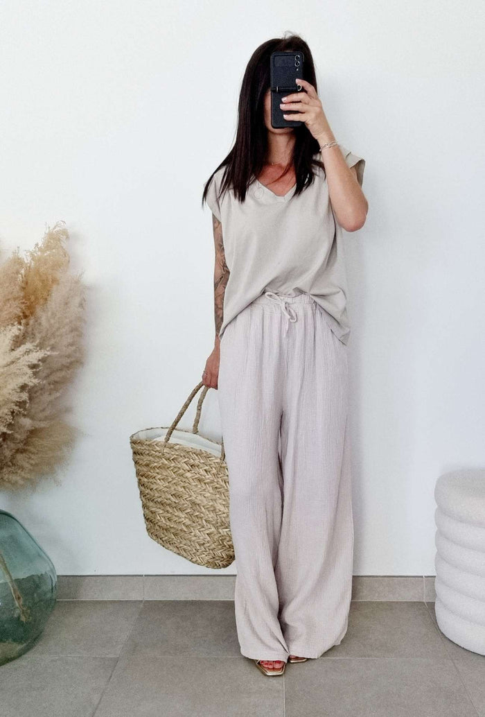 Pantalon Cathy en Gaze de Coton Sable